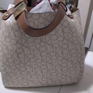Calvin Klein Beige and Brown Tote Bag